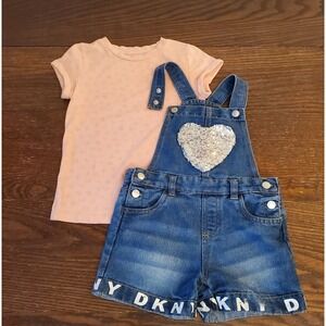 DKNY Girls Graphic AOP Tee & Shortall Size 4 Bling Heart Fairy Romper w/ Pockets